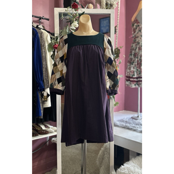 Ahcahcum Japanese Designer Quilted Shift Dress Purple Green Mod Twee XS/S - Picture 2 of 8